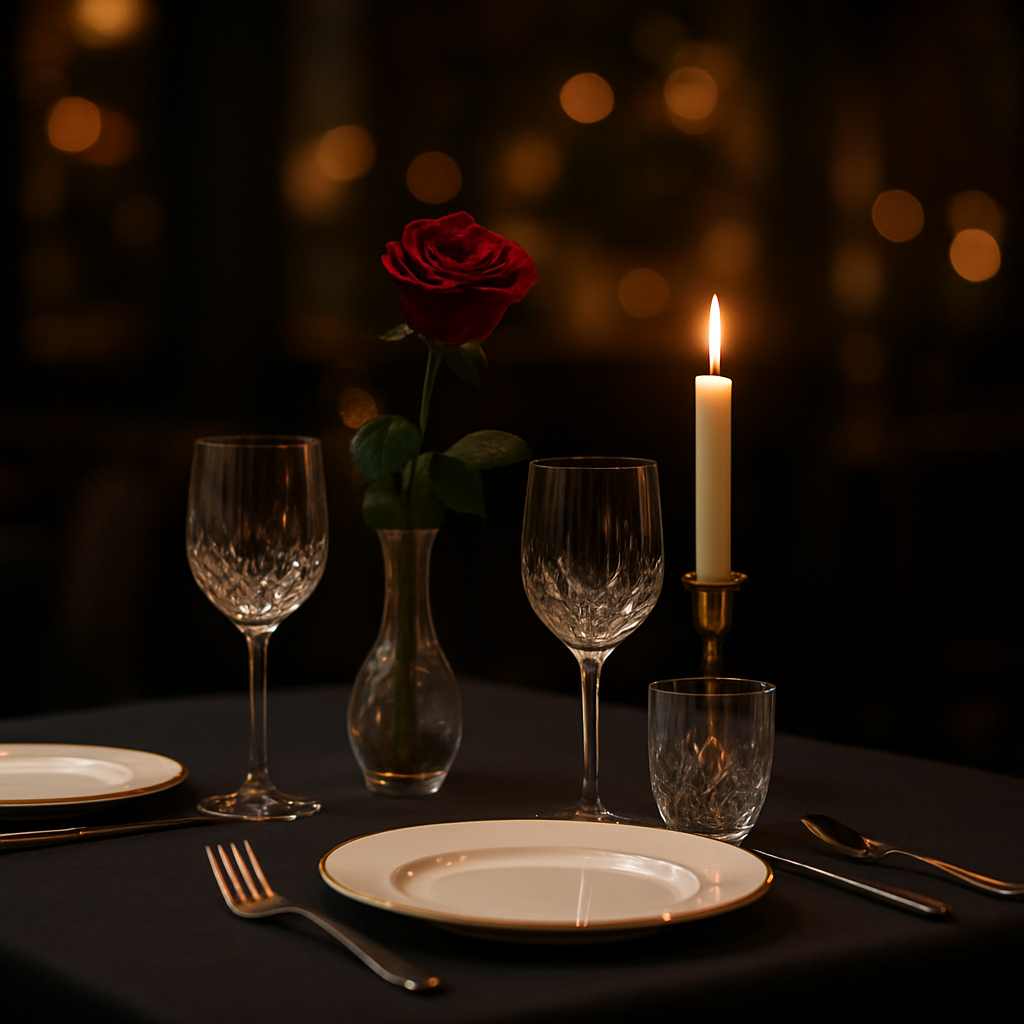 Elegant table setting for two — fine crystal glassware and a single red rose representing a thoughtful introduction